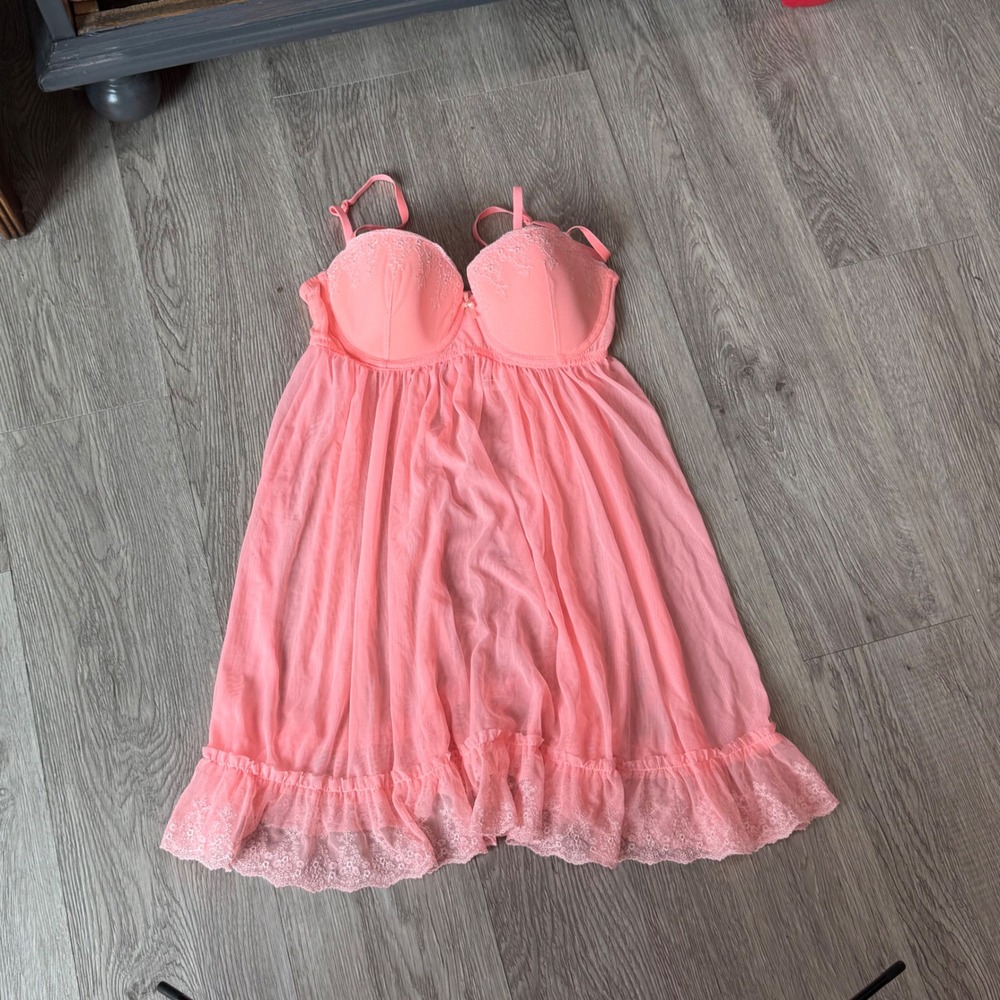 HM Coral Pink Lace Babydoll Chemise Lingerie Dress US 8 Underwire Mesh Ruffle